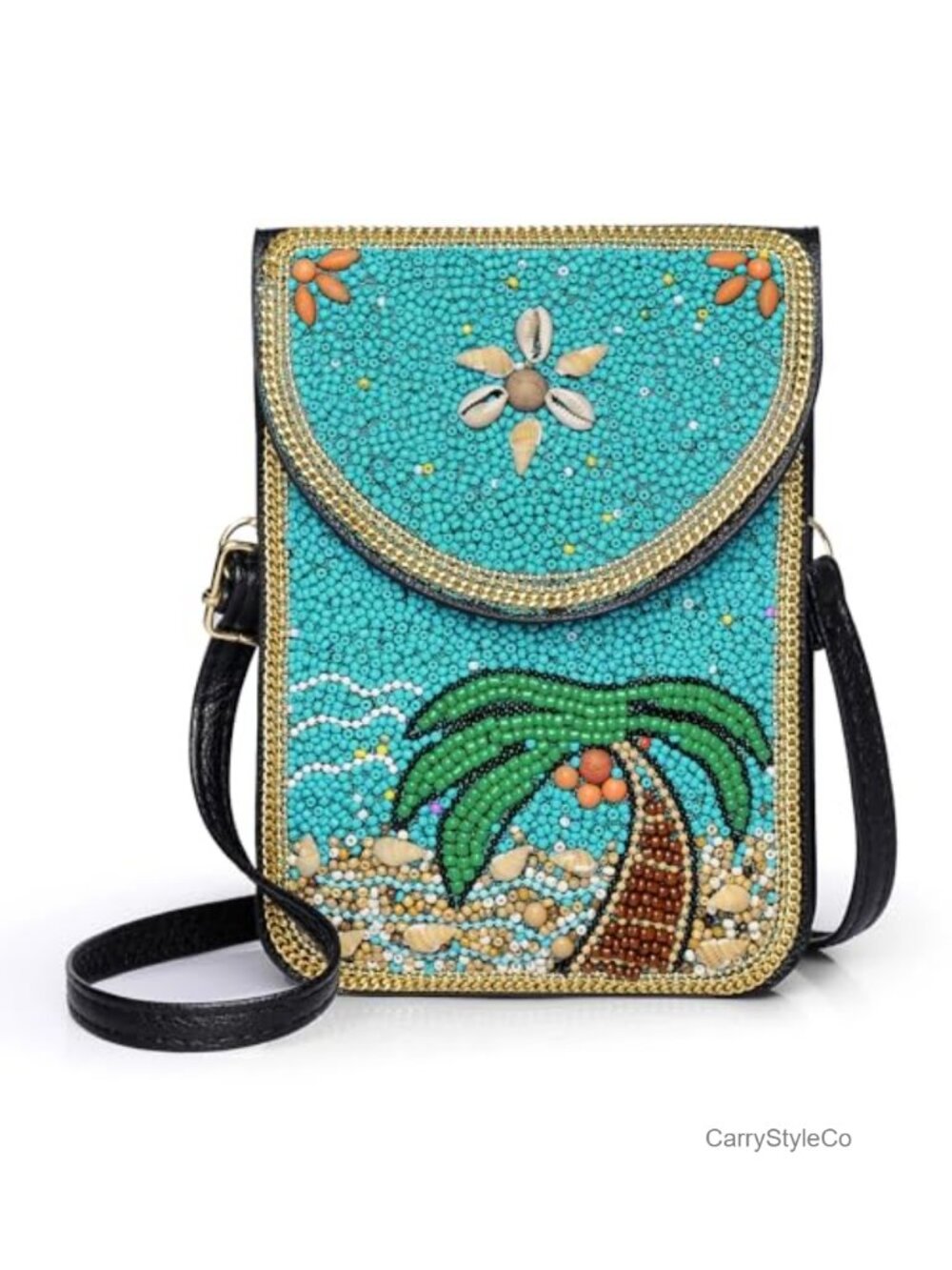 Boho Beaded Crossbody Bag for Women, Cell Phone Wallet Purse with Leather and